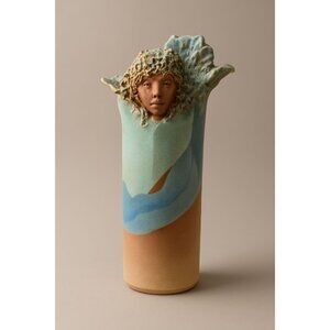 Saint P.R. Signed Studio Art Pottery Face Vase Sculptural Blue Earth 7"